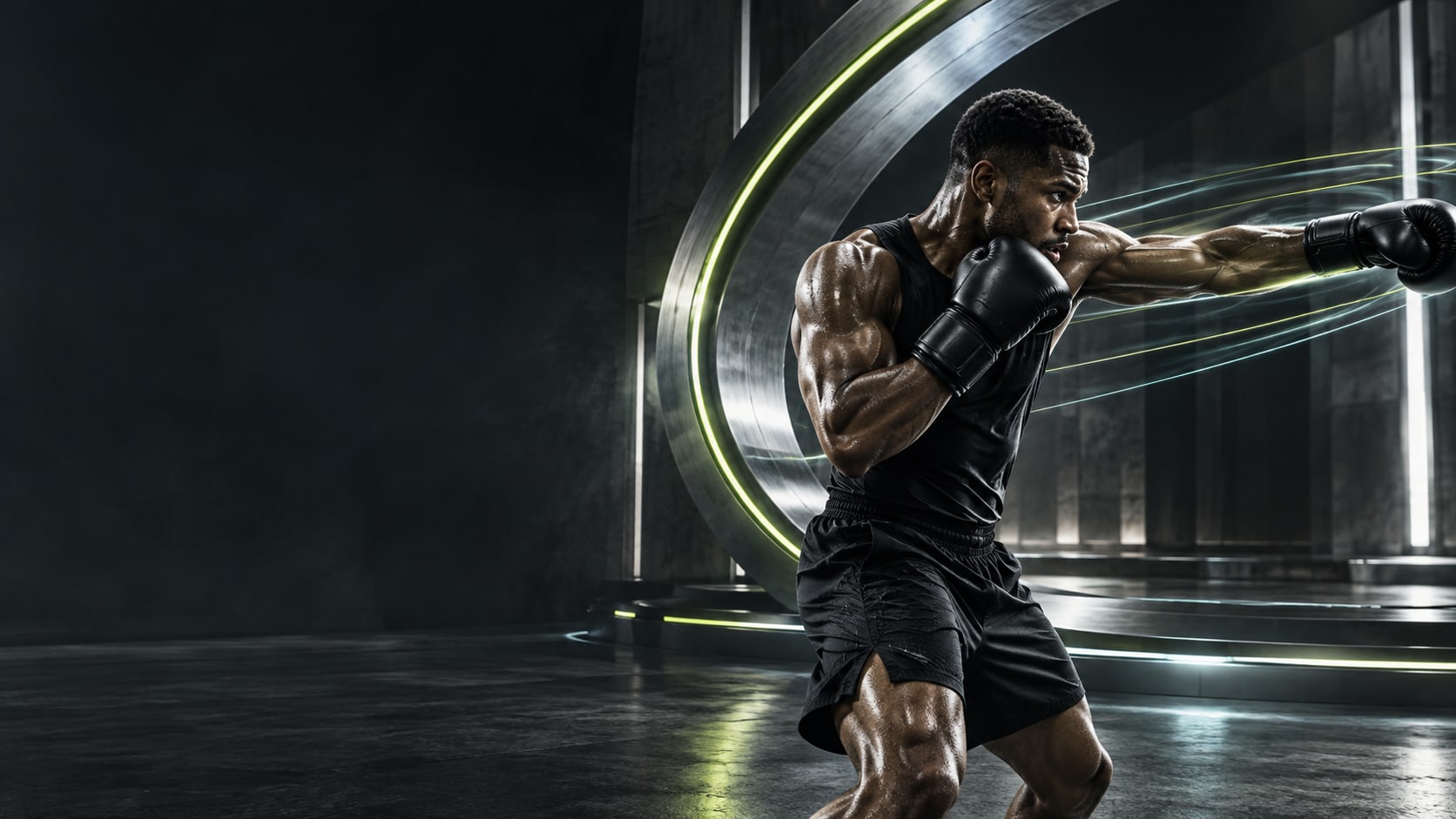 Concept artwork of a boxer training within an illuminated metallic performance environment